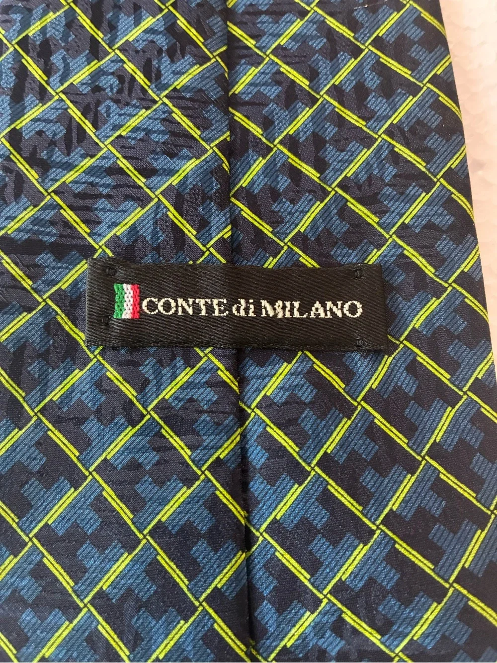 Conte di Milano 100% Silk Navy Tie with Bright Lime Geometric Grid